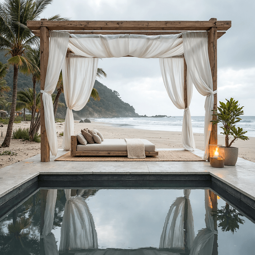 AI generated: A serene coastal lounge under an overcast sky, with thick clouds blanketing the horizon and casting ...