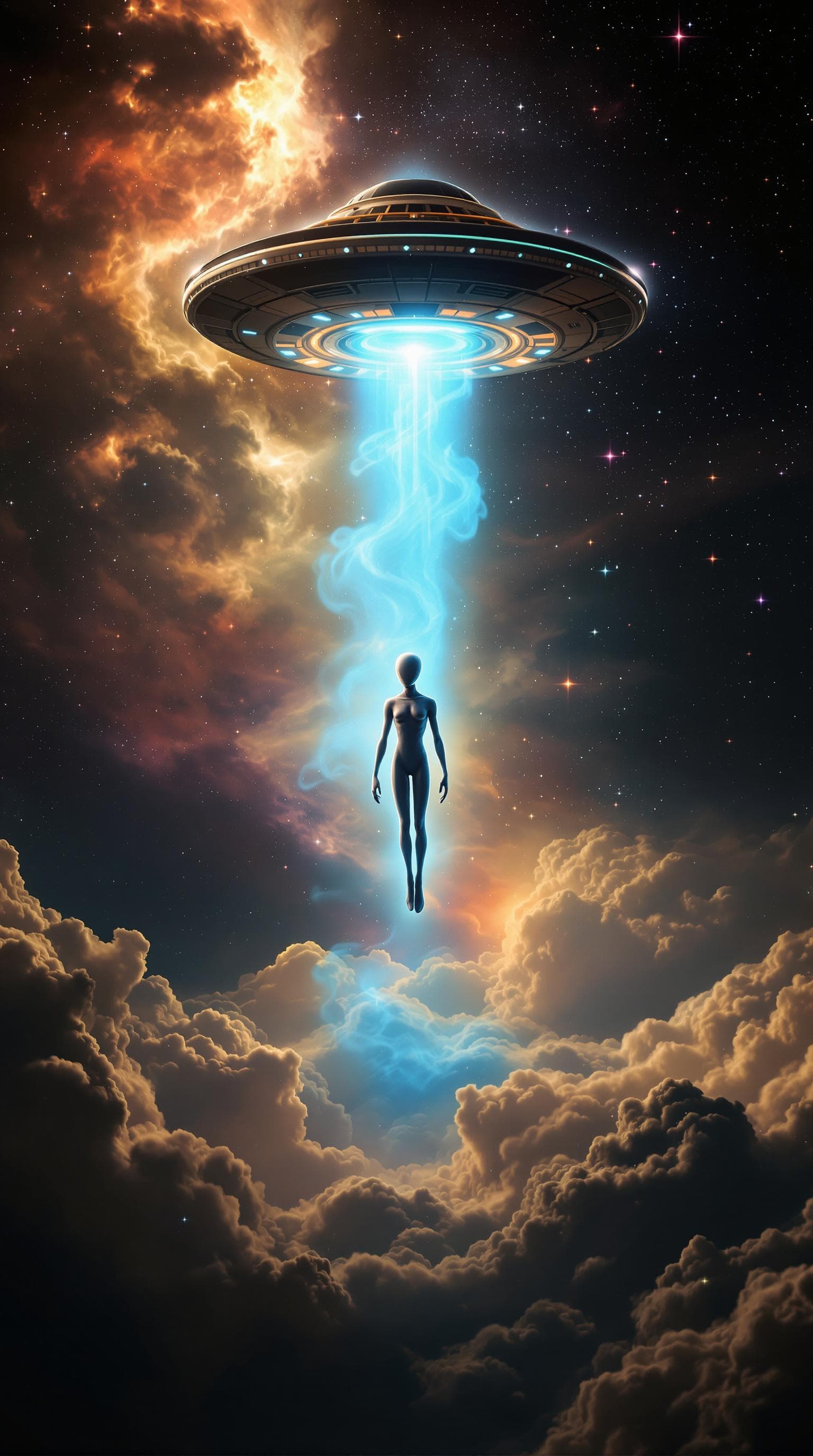 AI generated: A vast cosmic landscape with nebulous clouds, radiant stars, and a mysterious UFO hovering above. Em...