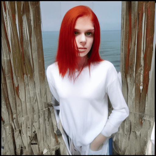 AI generated: best quality, masterpiece,red hair, green eyes,white clothes, looking up, upper body,hair strand,Fai...