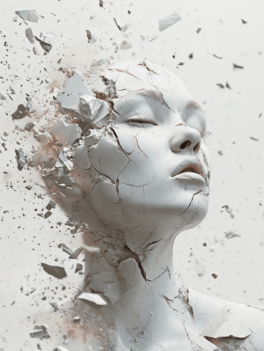 AI generated: scattered realistic front view portrait of woman made by marble, snapshot right during disintegratio...