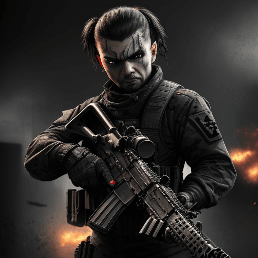 AI generated: Battle-scarred angry man army wearing black ops uniform, holding carbine rifle, anthropomorphic, sup...