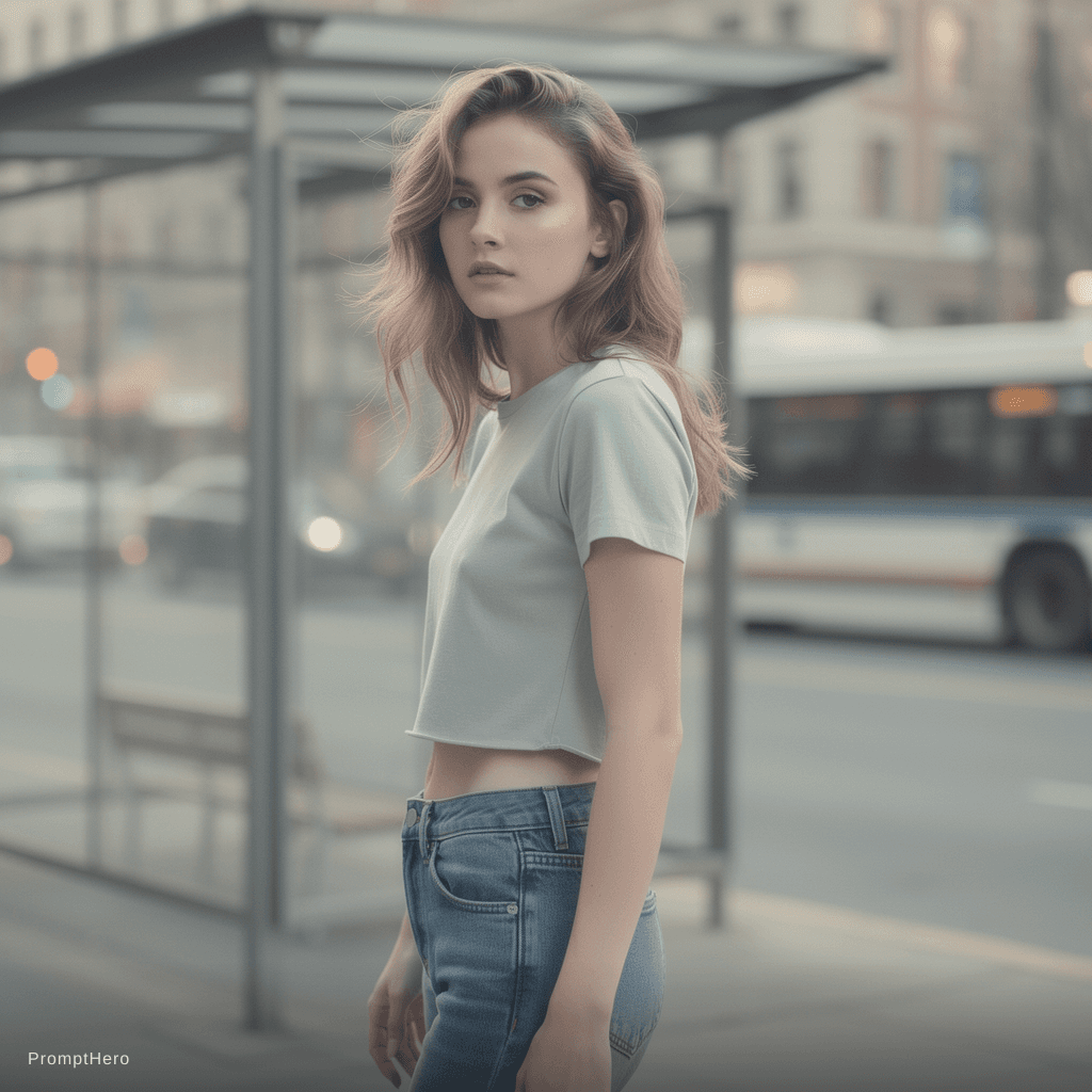 AI generated: a woman wearing a cropped top and jeans standing in front of the bus stop, in the style of Oleg Opri...