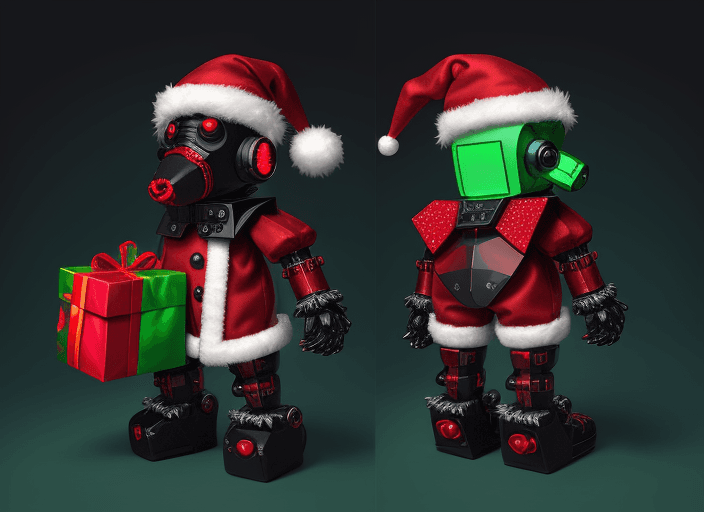 AI generated: Cyber Punk Christmas teddy bear carrying a Santa Bag from front, back, and side  angles
