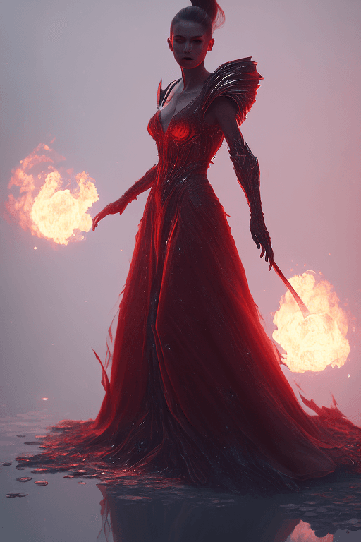 AI generated: mdjrny style v4 red ball gown, ingniting at the bottom, set on fire, perfectly redish, full body, la...