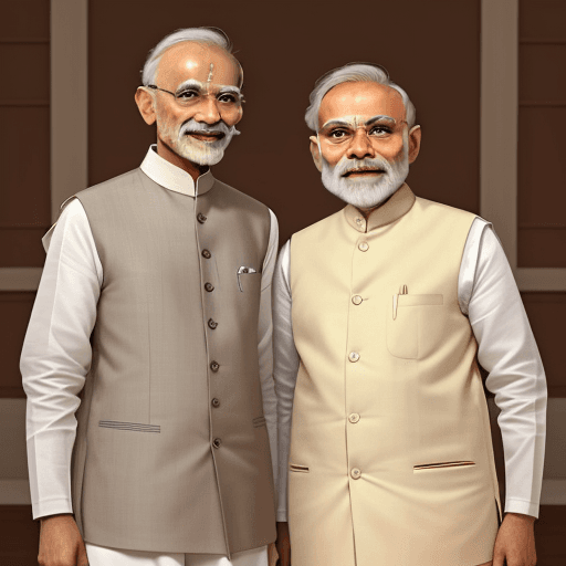 AI generated: Mahatma Gandhi and Narendra Modi are seen standing together, smiling, and taking a selfie. Gandhi is...