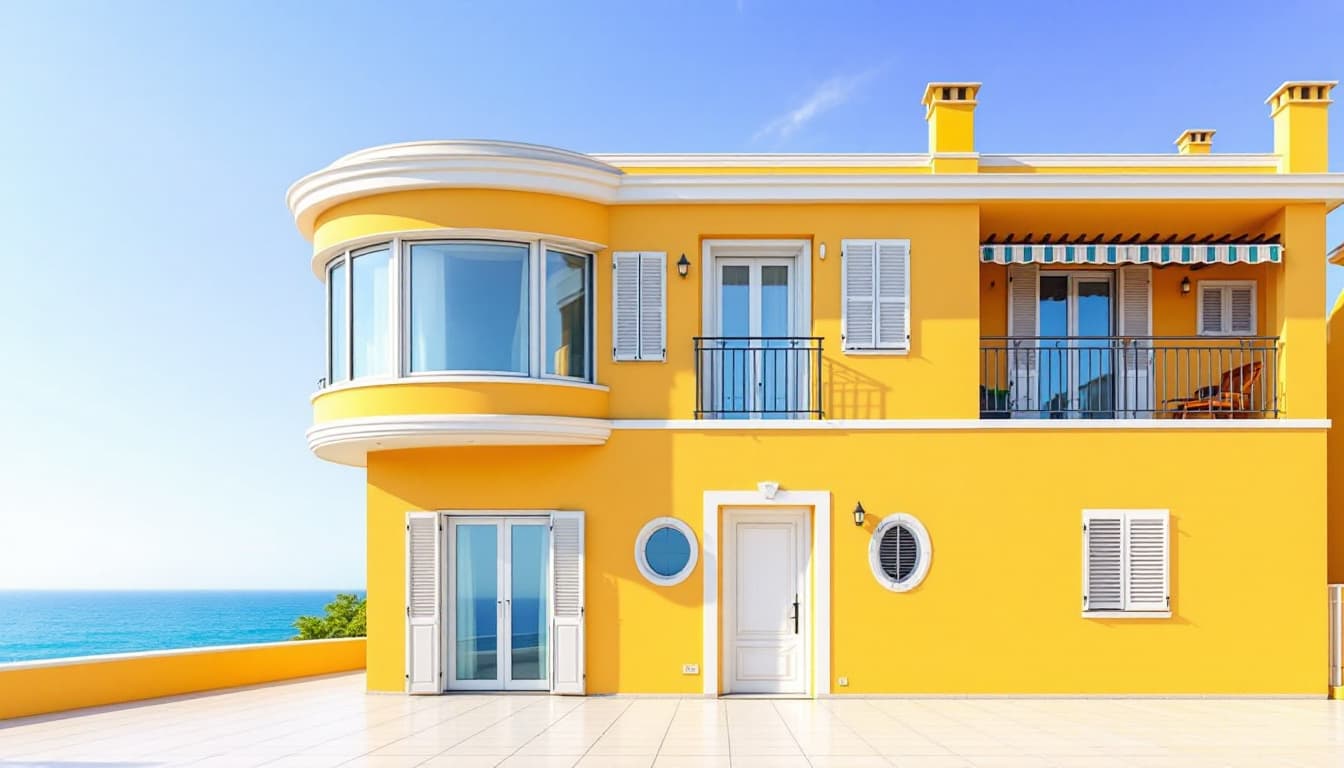 AI generated: two floor yellow classical house with an oval corner on one side with 
 big windows from ceiling to ...
