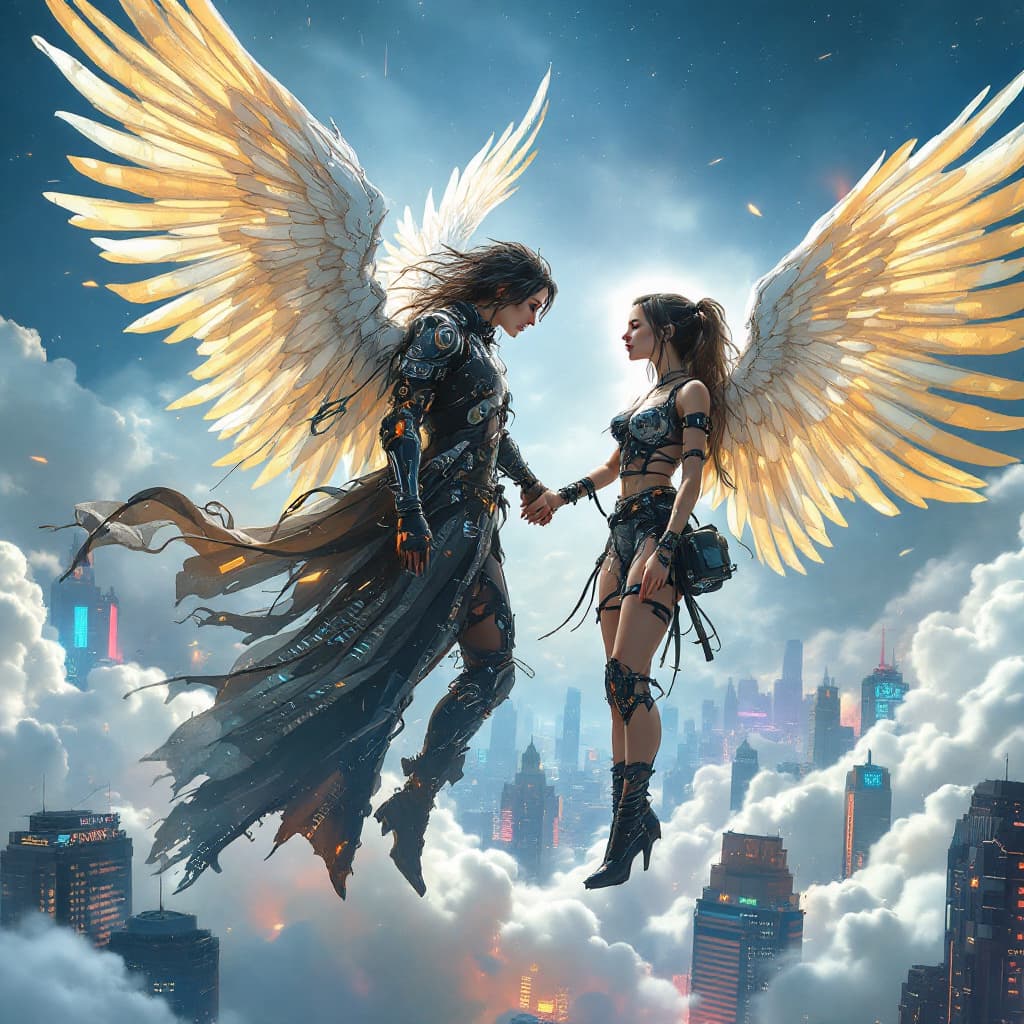 AI generated: Beautiful cyber punk angel holding hands with a human girl dressed in cyberpunk clothes above a cybe...