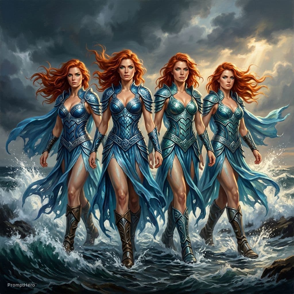 AI generated: Epic fantasy scene, four stunning identical fiery redhead sisters emerging from the turbulent ocean ...