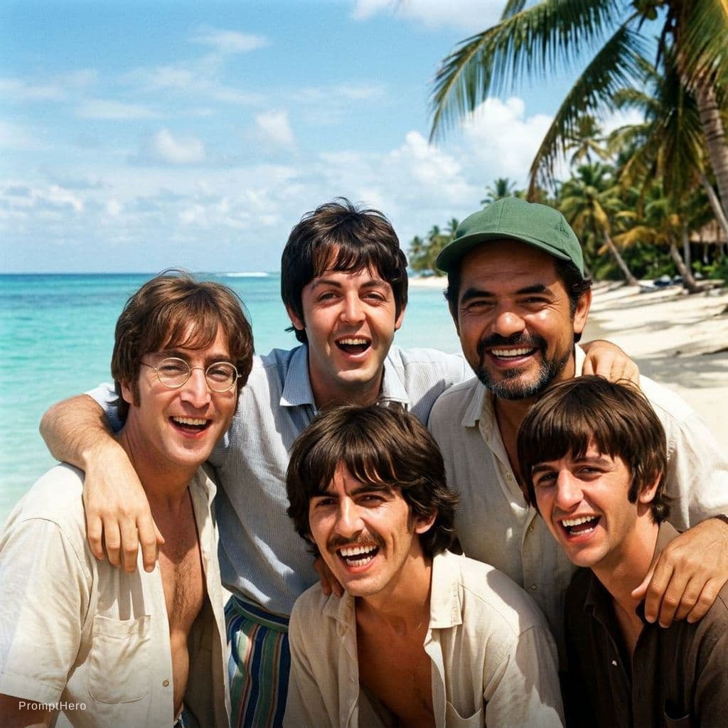 AI generated: with the beatles at a tropical beach, sunny day, both smiling