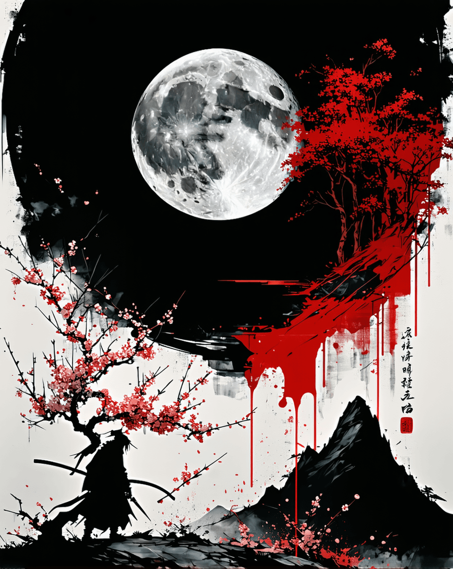 AI generated: blood stained moon, the last ronin depressed and angry on a Japanese mountain top with cherry blosso...