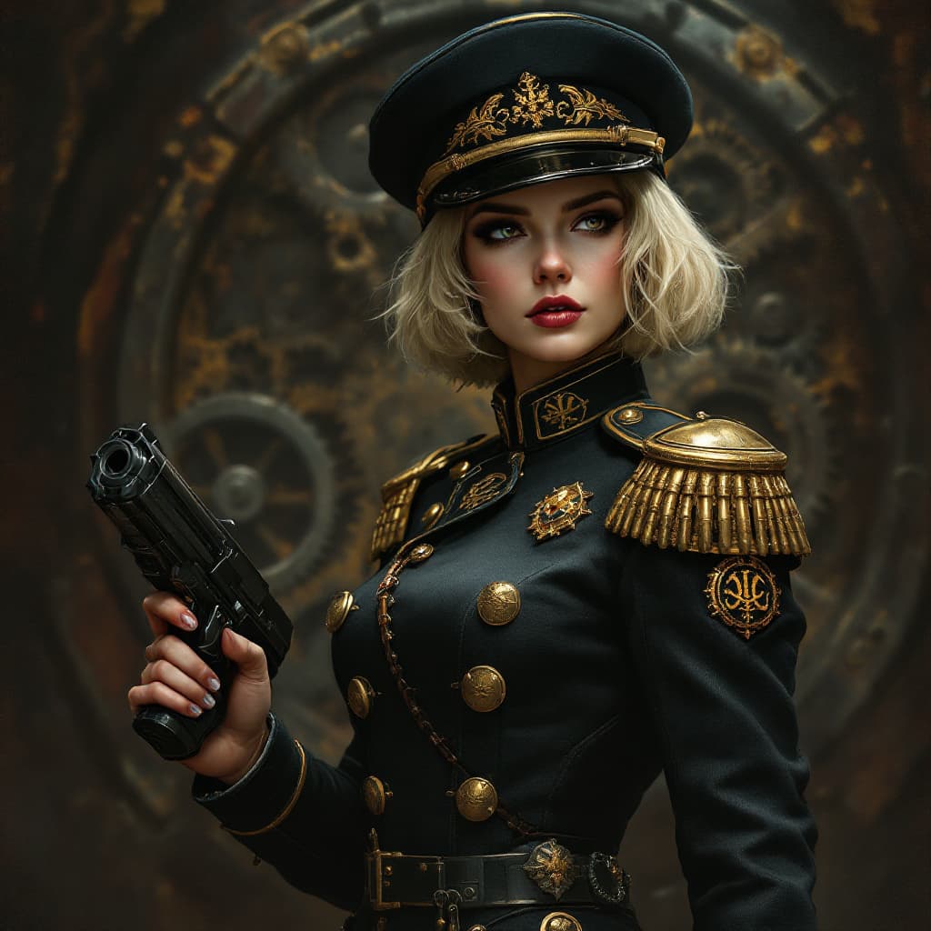 AI generated: full body, Portrait of a Evanna Lynch in warhammer 40k comissar tunic, short hair, dieselpunk, arist...