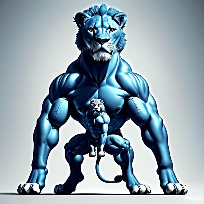 AI generated: full body animal photo. baby-blue background. proud stance. head of a male lion. body of a stocky pi...