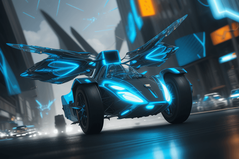 AI generated: The (flying motor vehicle with Rotors propeller) is a translucent fractal ramship emitting a glowing...
