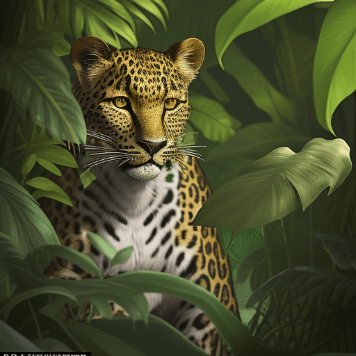 AI generated: A beautiful tropical forest full of vegetation, you can see a leopard peeking through the large leav...