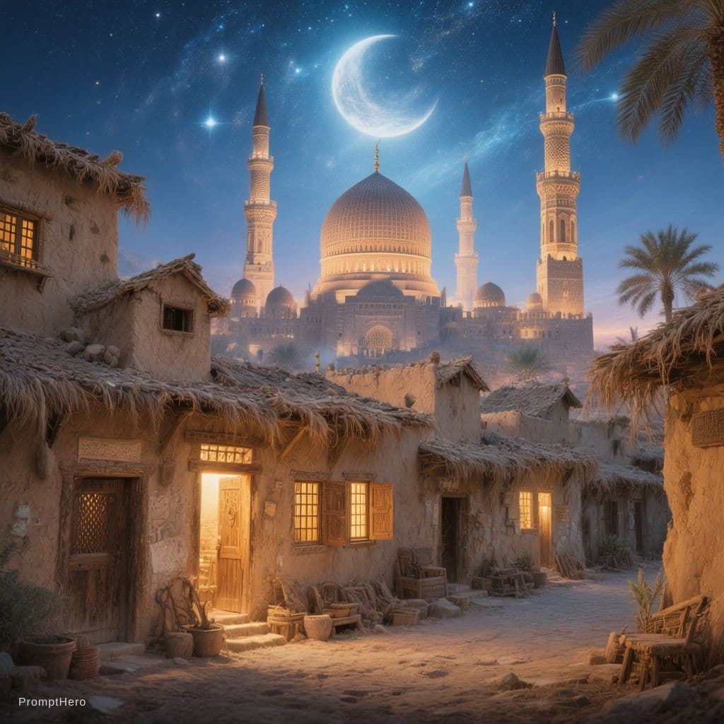 AI generated: Ancient houses in the Arabian Peninsula have windows, some letting in light that illuminates a warm ...