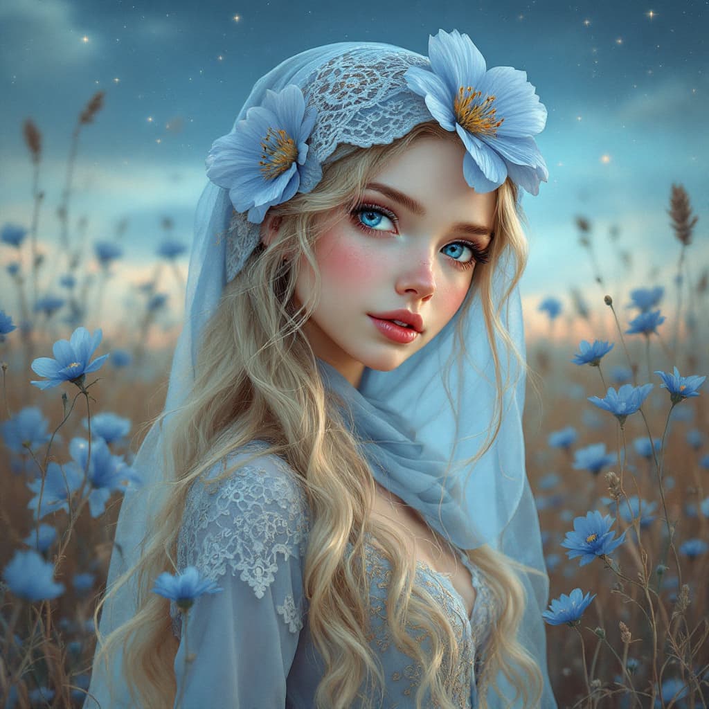 AI generated: "A highly detailed and ethereal fantasy illustration of a delicate woman with long blonde hair, wear...