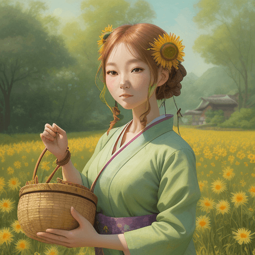 AI generated: A whimsical anime woman from the rustic Joseon dynasty with a simple daisy hairpin and a straw baske...