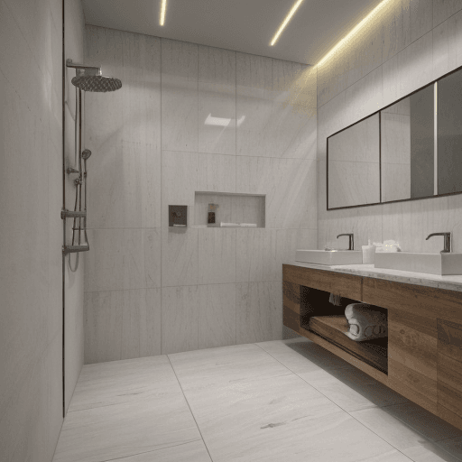 AI generated: High resolution photography interior design, archviz render,marble floor tiles ,wc,bidet,spot lights...