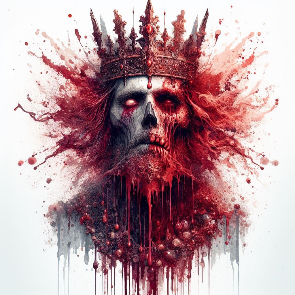 AI generated: A half body portrait of Undead king with crown and necklace made of blood, , drops of water on  wate...