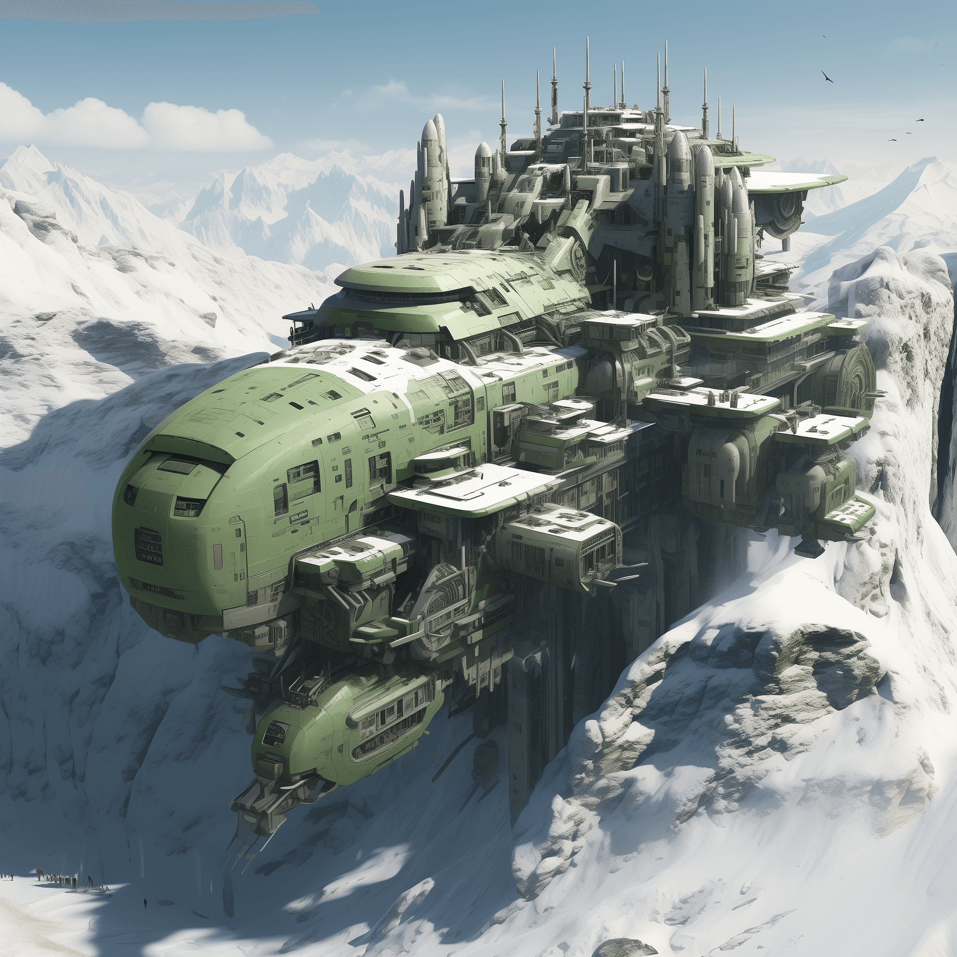 AI generated: futuristic spaceship floating in snow and ice, green and beige color, in the style of fantastical ru...