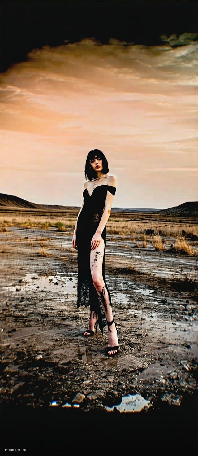 AI generated: Craft an Old Master painting   
full body shot of A woman with raven black hair,  covered in dirt, w...
