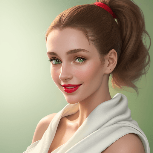 AI generated: A portrait of a young woman with light brown hair in a high ponytail, smiling softly with green eyes...