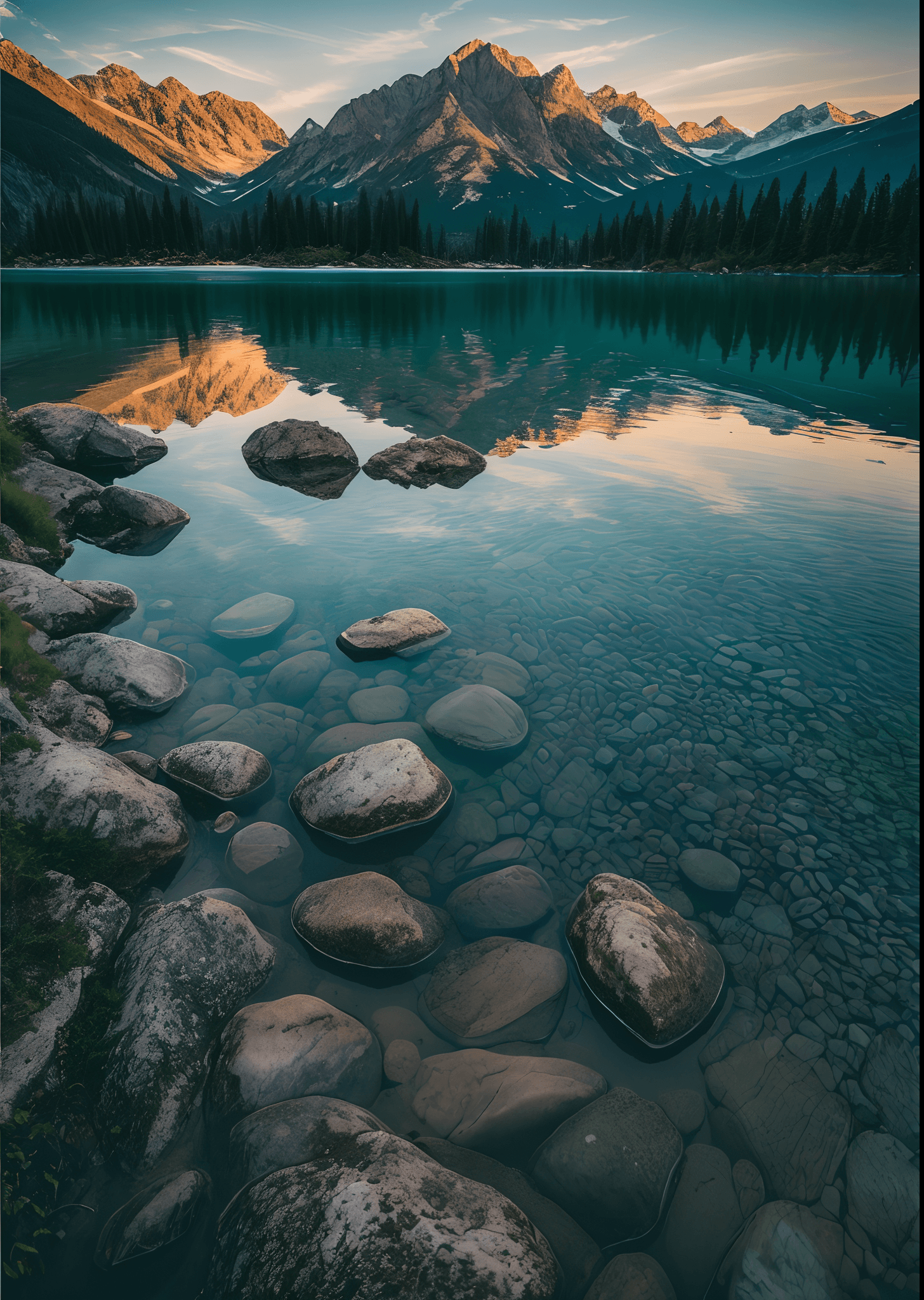 AI generated: RAW photo of a mountain lake landscape, clear water, (Instagram able), highly detailed, photorealist...