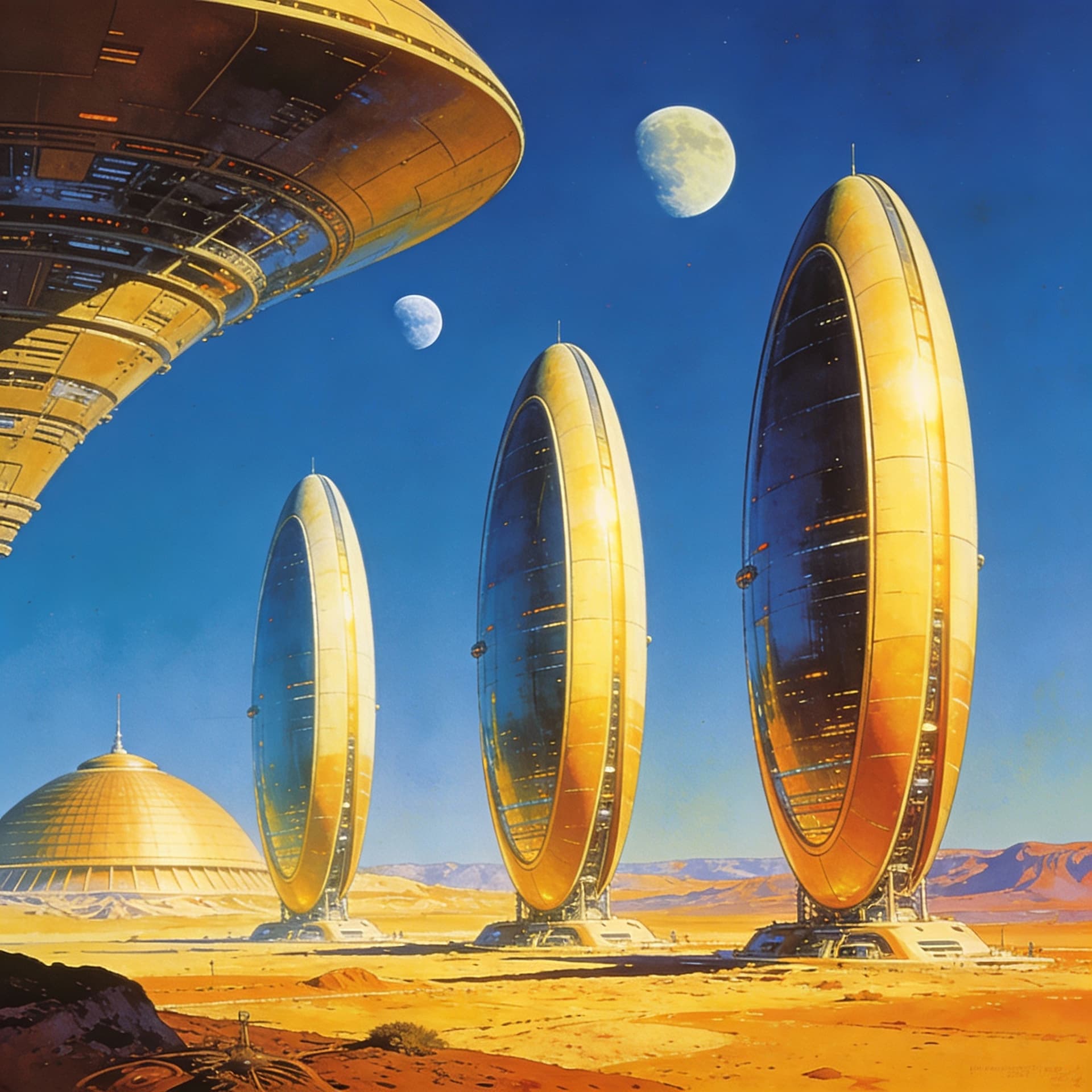 AI generated: A retrofuturistic scene of an alien planet with three large, sleek oval shaped structures standing t...