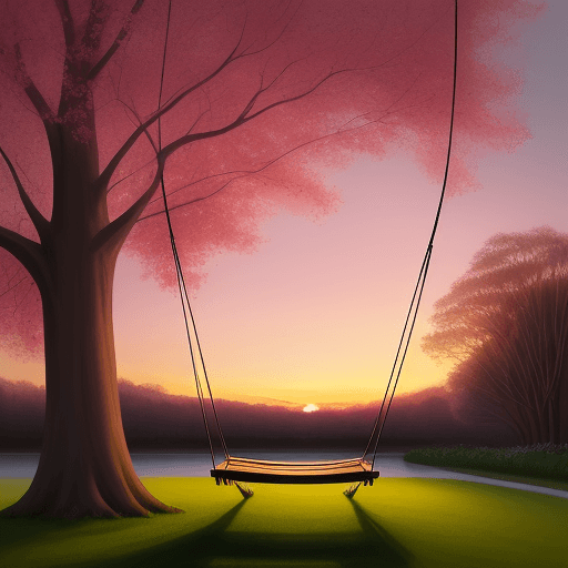 AI generated: 
calmness in nature|lights of sunset|swing with a gentle breeze, trees|flowers dazzling with the bea...