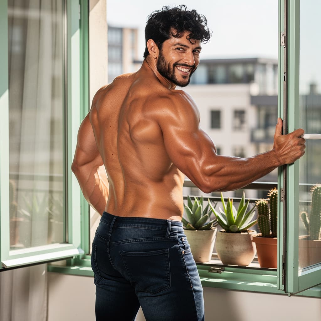 AI generated: Un homme ultra-athlétique et musclé, la trentaine, torse nu, pose de trois-quarts dos tourné vers la...