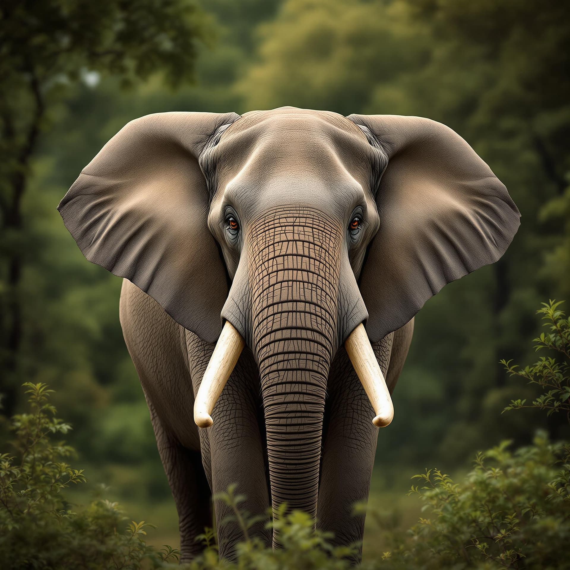 AI generated: The image captures a majestic elephant standing amidst a dense, lush forest. The elephant, which occ...