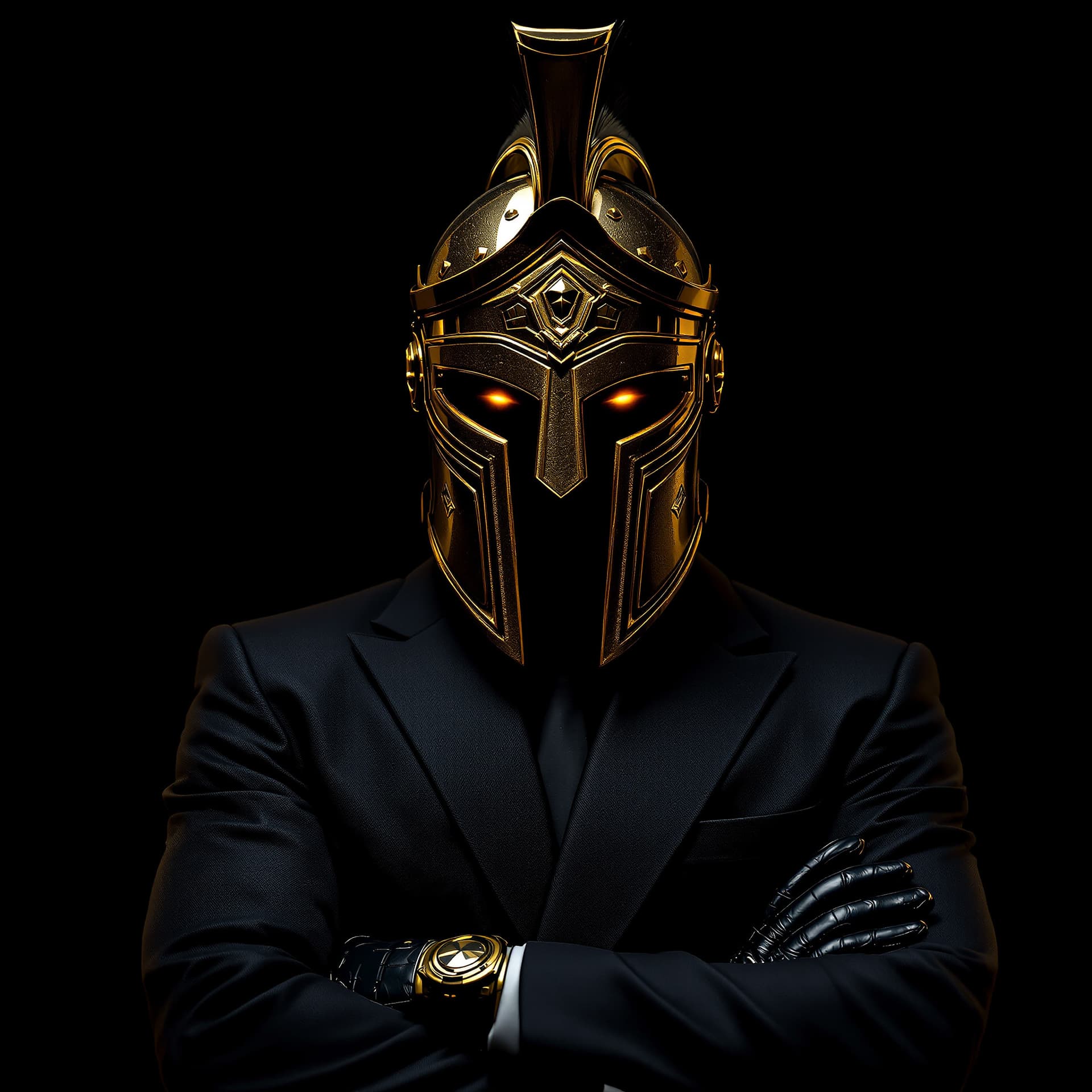 AI generated: Close up  from the waist up of a man in a dark suit and leather gloves with his arms crossed, he is ...