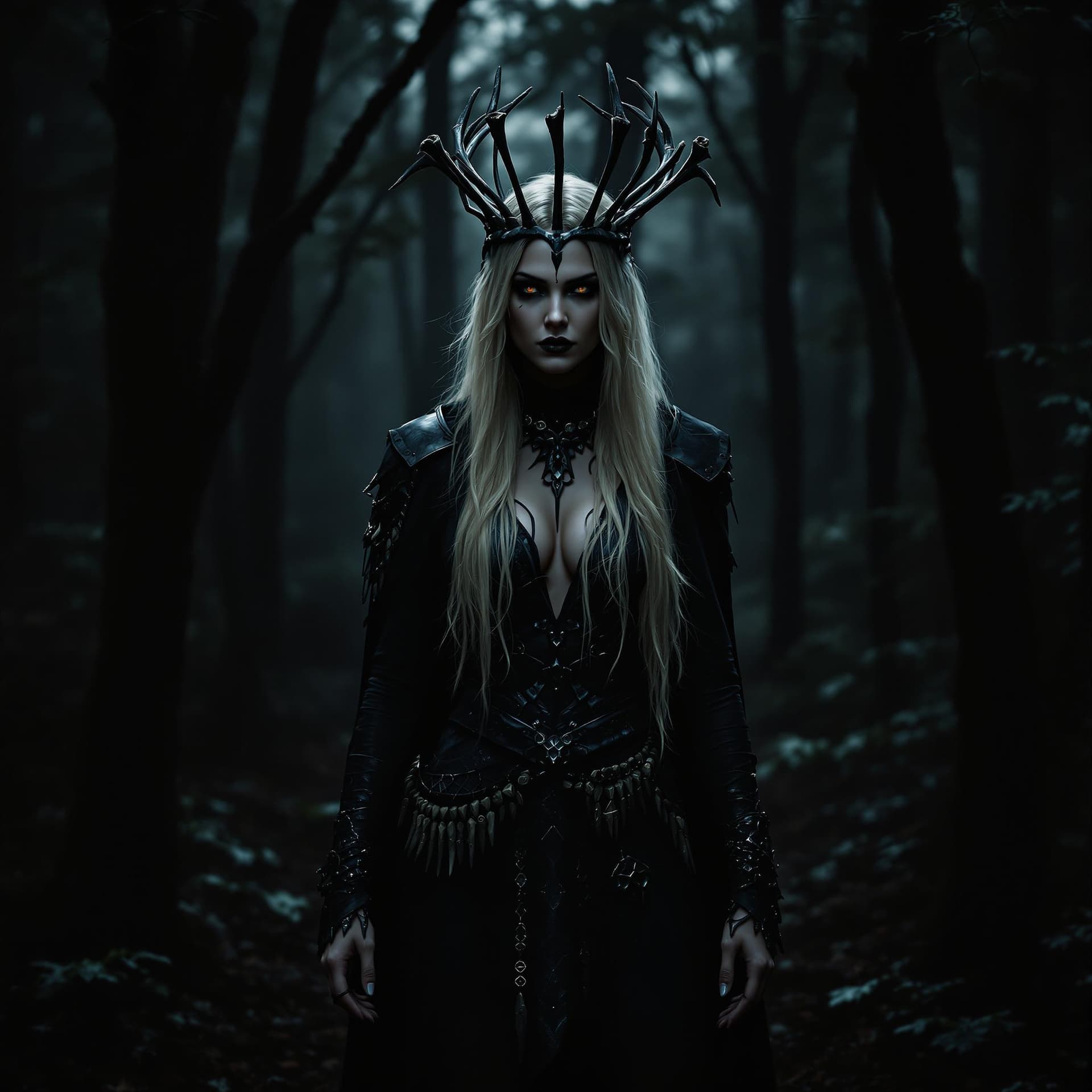 AI generated: a shaman woman wearing black and standing in a dark forest. There is a crown of bones around her hea...