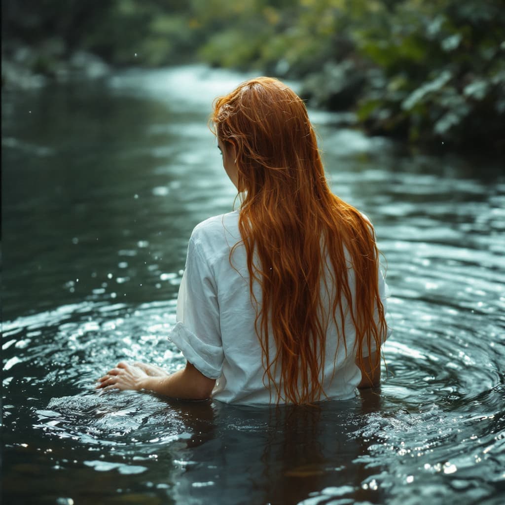 AI generated: Realistic  back view ,woman sitting in water ,wearing white shirt  with  long red hair, washes her h...