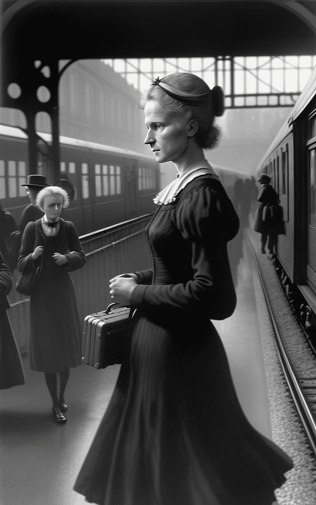 AI generated: This image should capture the pivotal moment of young 20s Marie Curie's departure for Paris. Portray...