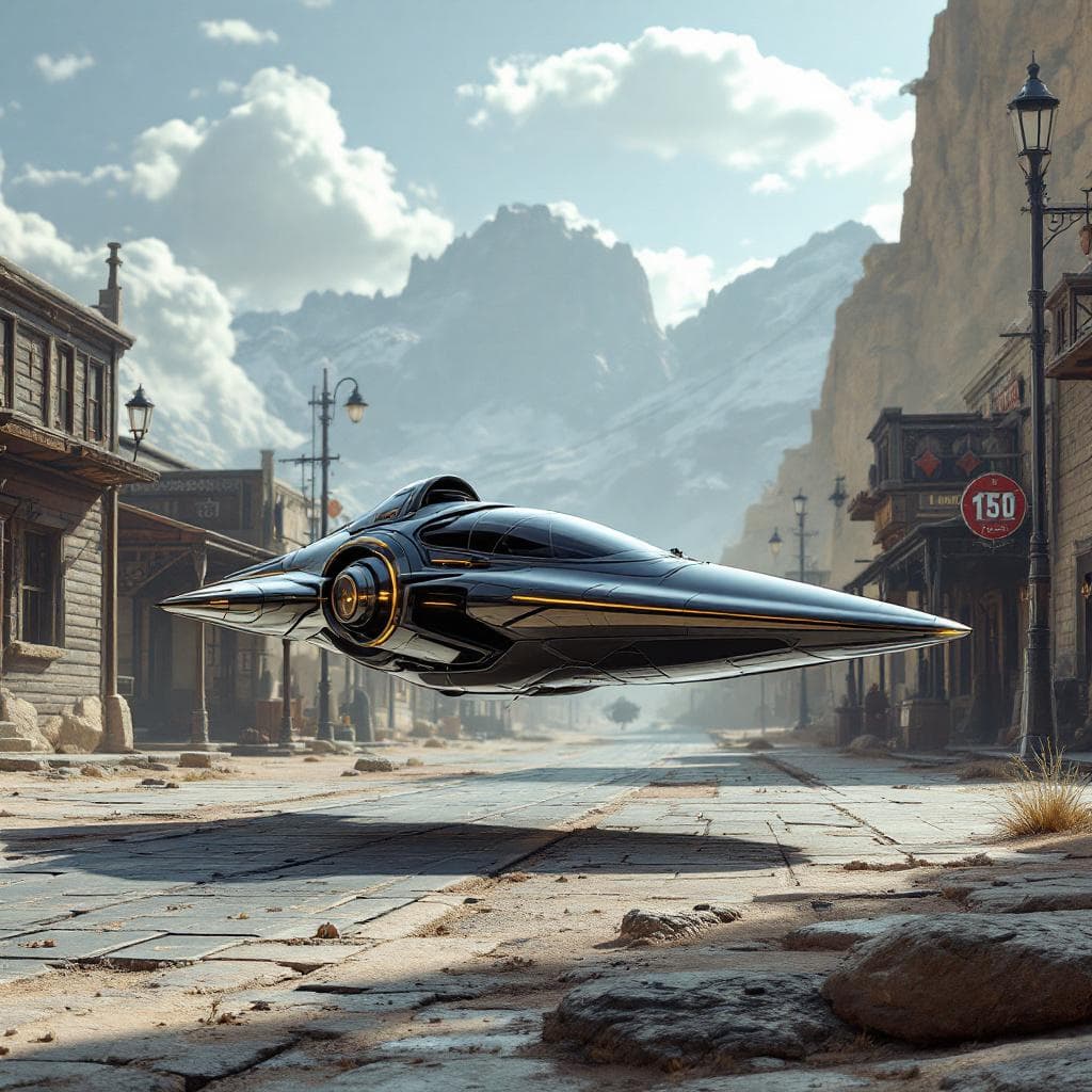 AI generated: Create a sleek, futuristic land speeder that can float across the rough terrain of the Old West. Unr...