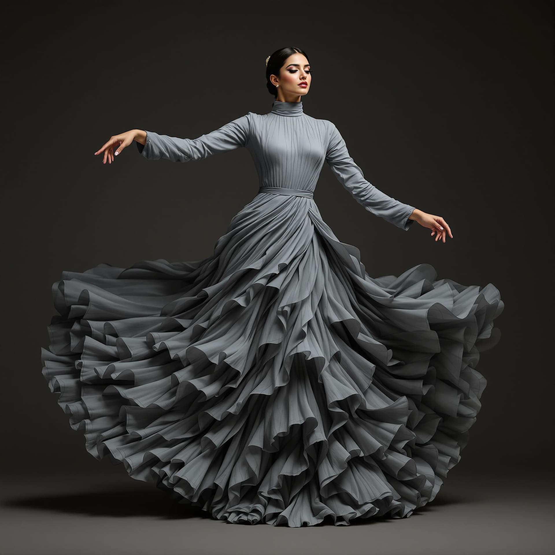 AI generated: The image is a full-length portrait of an Indian woman dancing in a flowing grey dress. The dress fe...