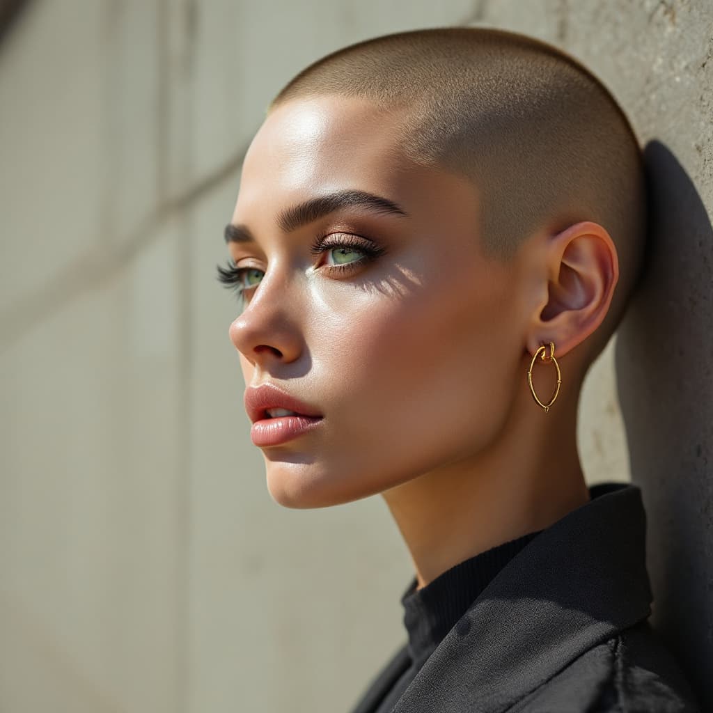 AI generated: “Close-up portrait of a striking woman with green eyes and a shaved head, standing in front of a bru...