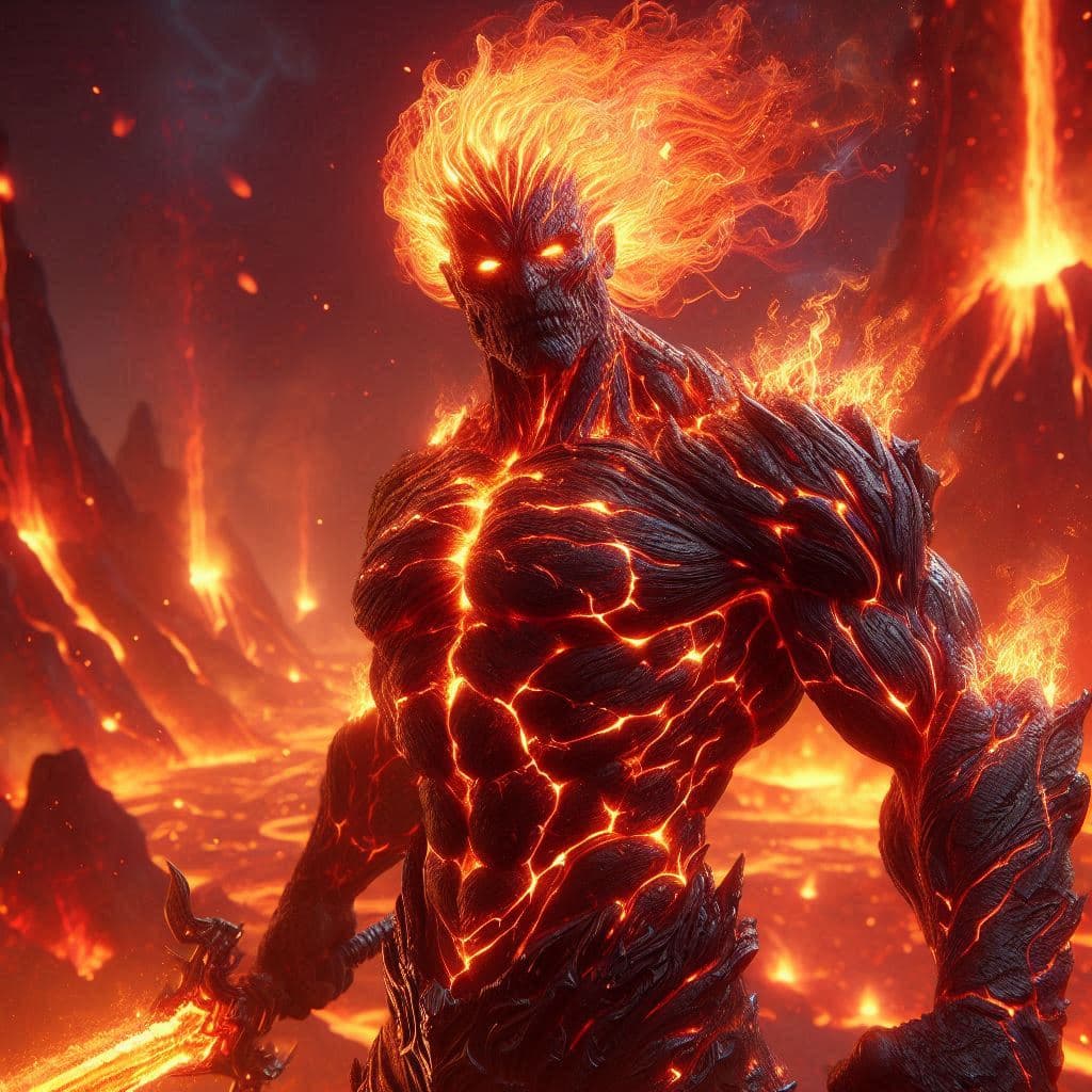 AI generated: An ultra-detailed 3D character of a towering fire elemental, with skin resembling molten lava, glowi...