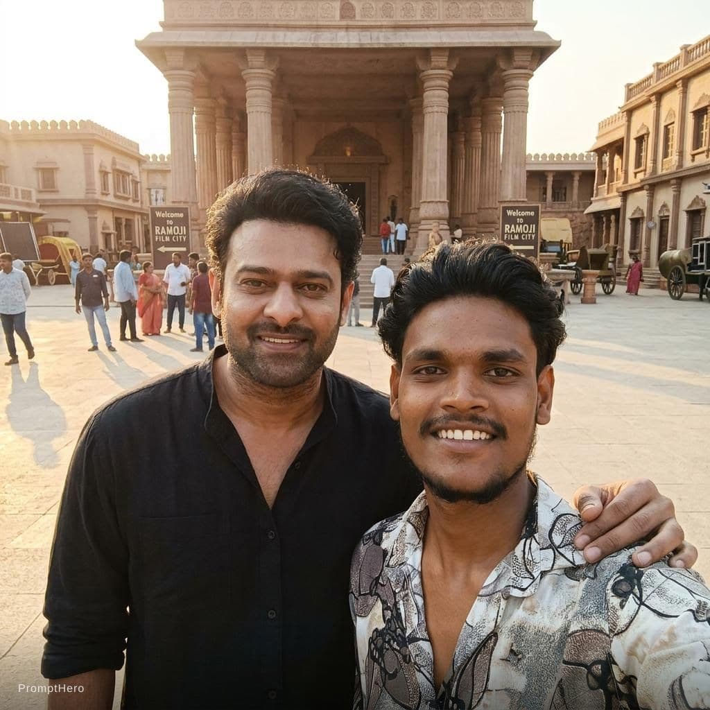 AI generated: Create an image using prompt hero with my favorite hero prabhas at ramoji film City of Hyderabad 