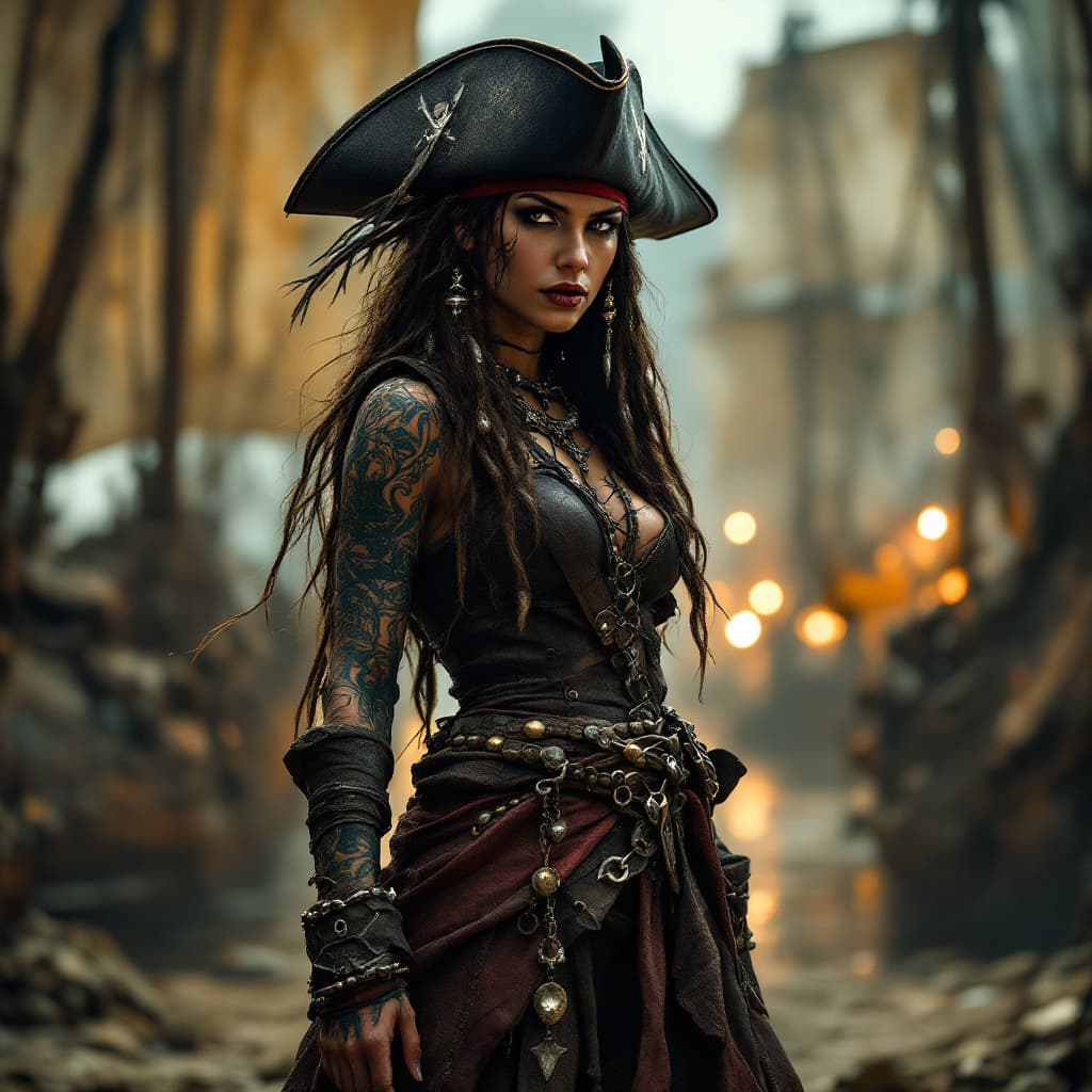 AI generated: Full body view A commanding Native Caribbean pirate captain stands tall amidst the Pirate City of Lo...