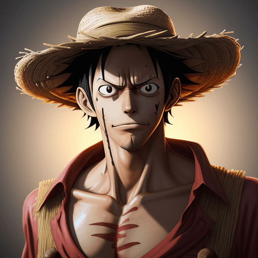AI generated: Monkey D. Luffy, one piece anime, X-shaped scar on his chest, Straw Hat, symmetrical body, portrait,...