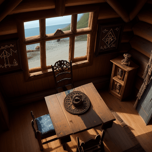 AI generated: Dark and dusty inside a rustic log cabin on the beach, full daylight, one small single-pane window i...