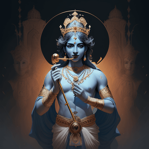 AI generated: Lord krishna flute , epic royal background, big royal uncropped crown, royal jewelry, robotic, natur...