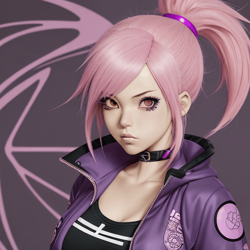 AI generated: Close up of a person with pink hair and a purple jacket, sporty anime girl, with big boobs, cute ani...