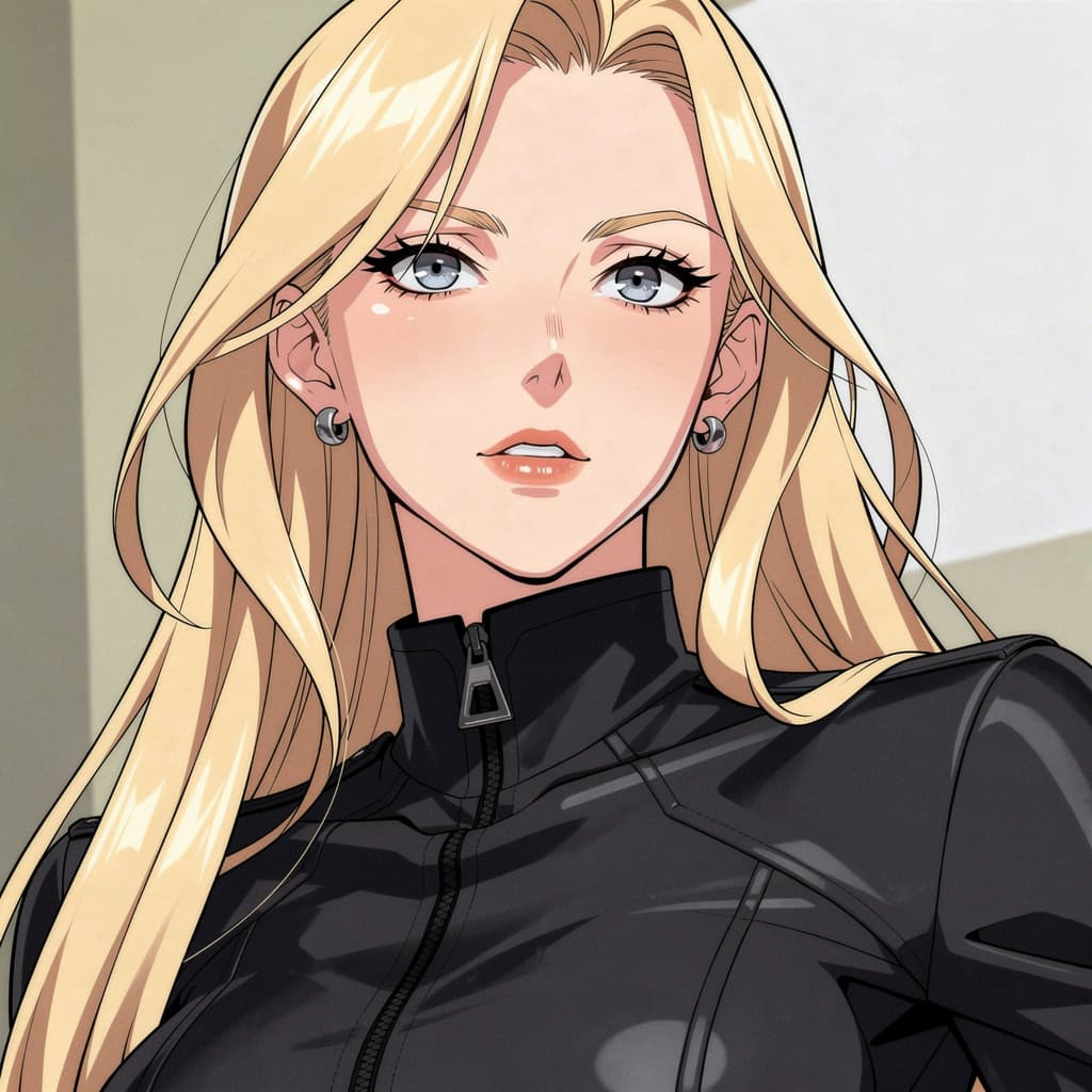AI generated: mj, a close up drawing of a 30yo female character, (anime:0.6), badass, bad chick, low angle shot, l...