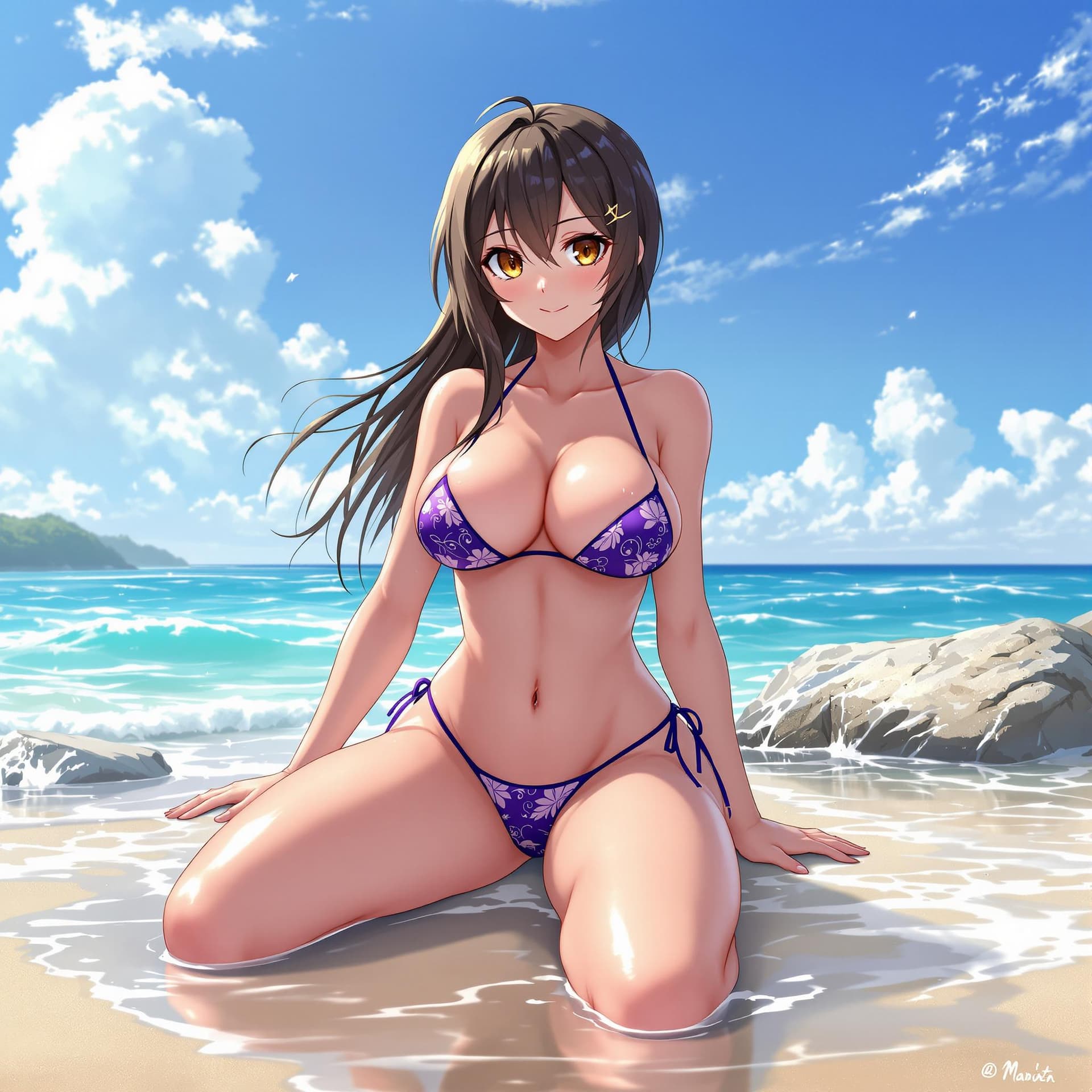 AI generated: Anime girl, in a beach, wearing a bikini, big chest, wet, spread legs, amber eyes, cute, shy