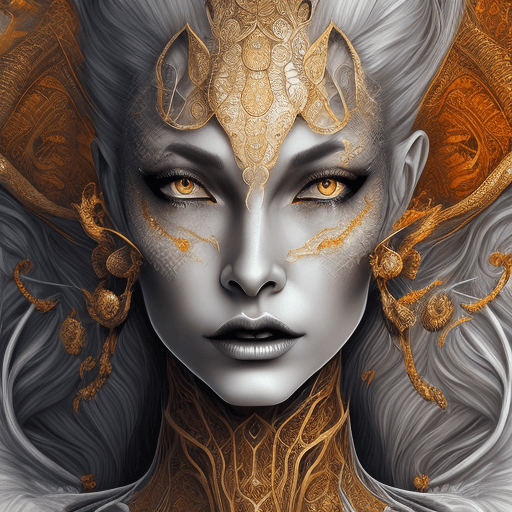 AI generated: the face of a woman dressed in demon attire, in the style of light gray and light gold, vibrant illu...