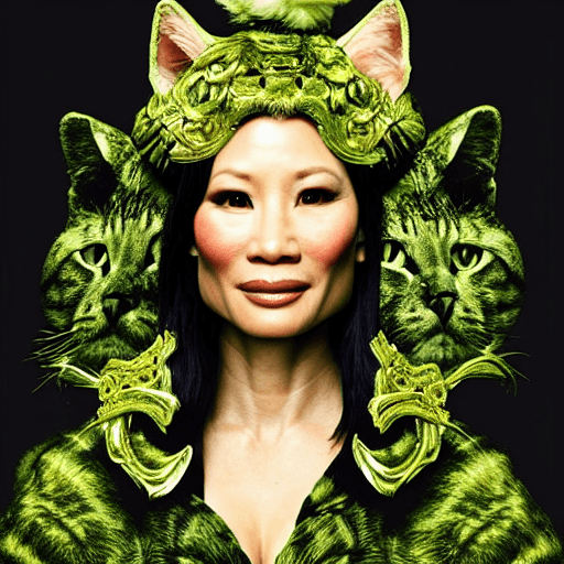 AI generated: Lucy Liu portrait, with a brilliant, impossible striking big Cat headpiece, clothes made of cats, ev...