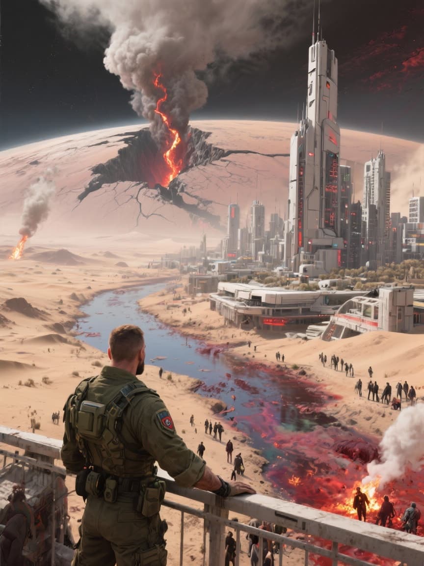 AI generated: On a futuristic distant planet, civilisation is under threat as over exploitation of resources has l...